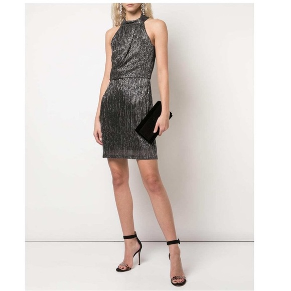 Halston Heritage Metallic Knit Halter Tie Back Dress Black Silver 12 - Picture 6 of 12